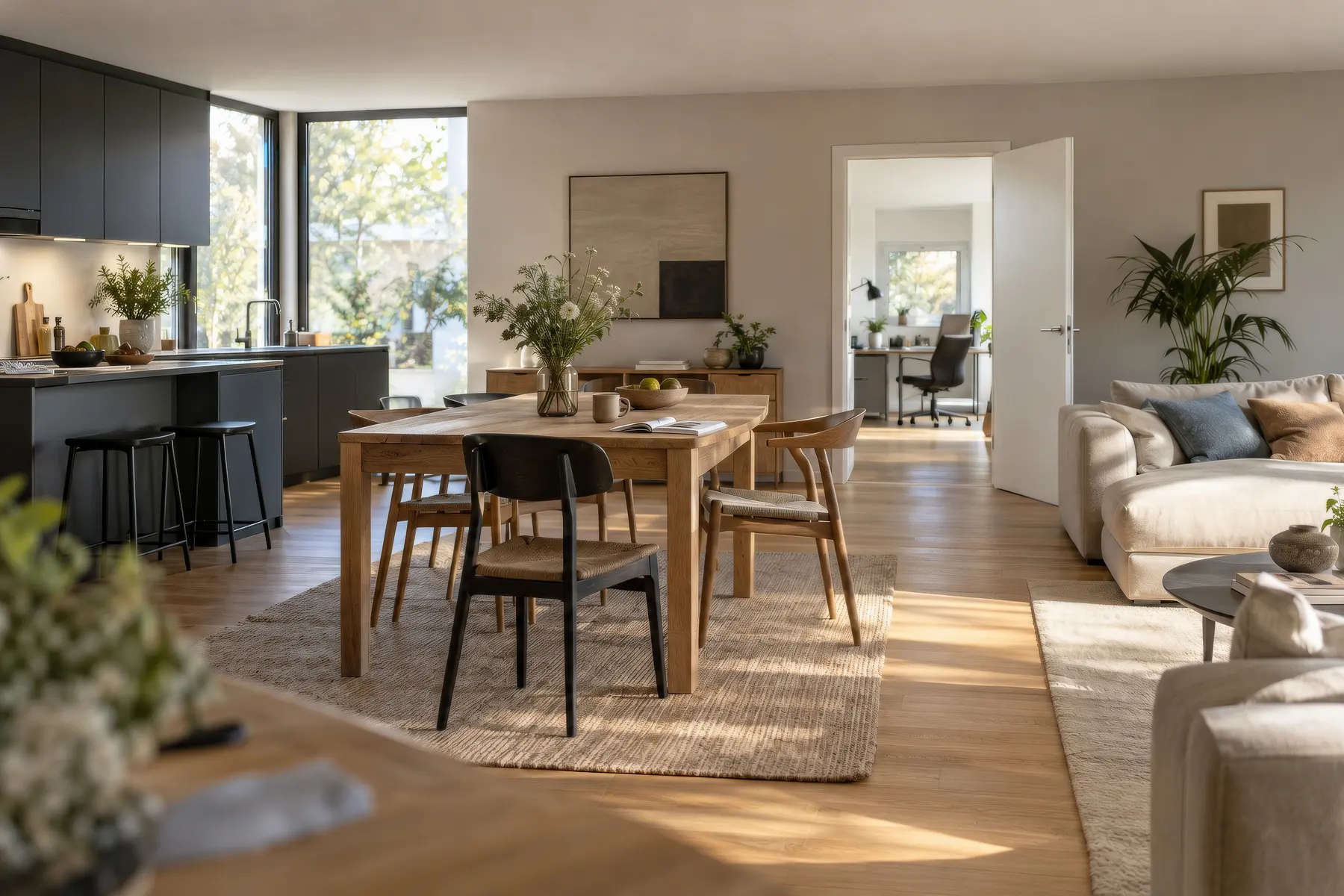 Offener Wohnraum mit Küche, Essplatz und Sofa, offene Tür in ein weiteres Zimmer – Multiroom Audio