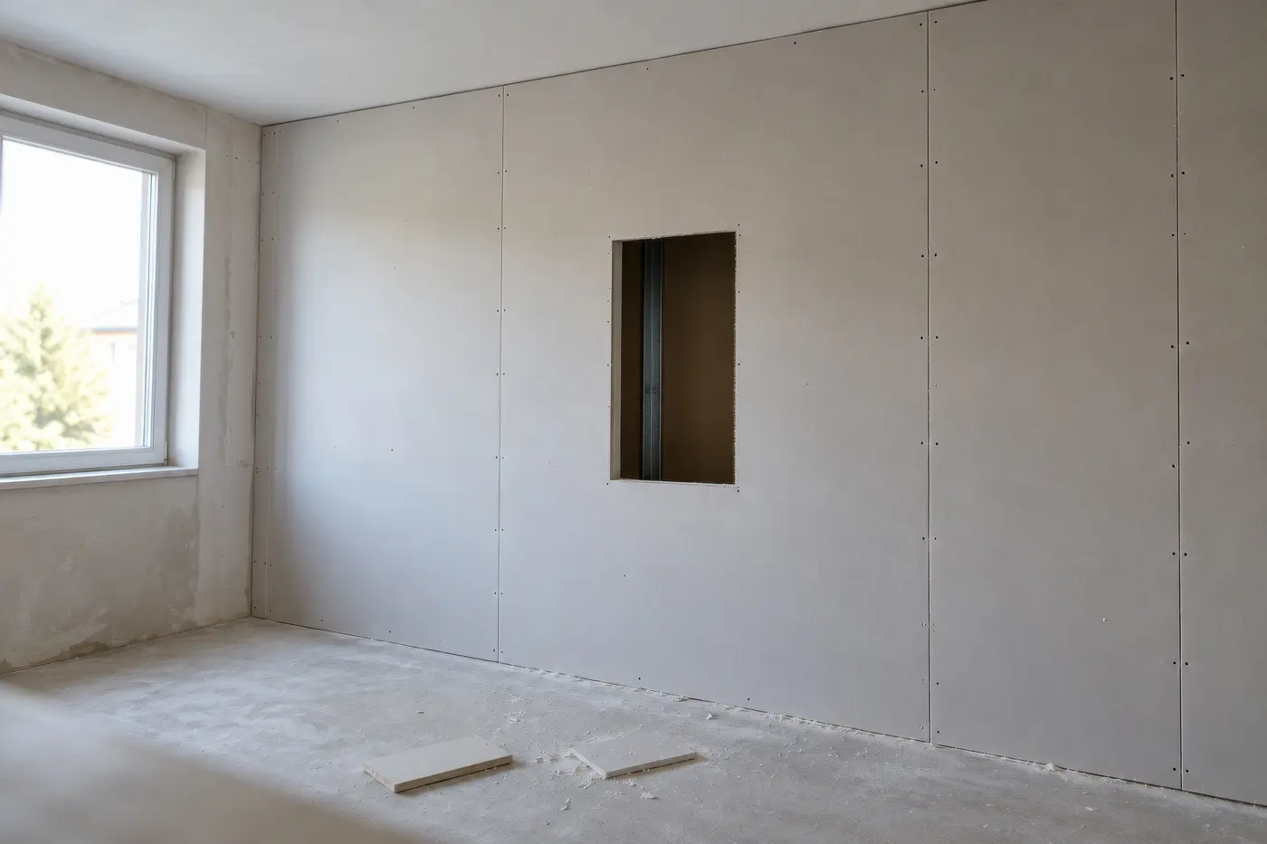 Trockenbauwand im Innenausbau mit rechteckigem Ausschnitt für einen unsichtbaren Lautsprecher